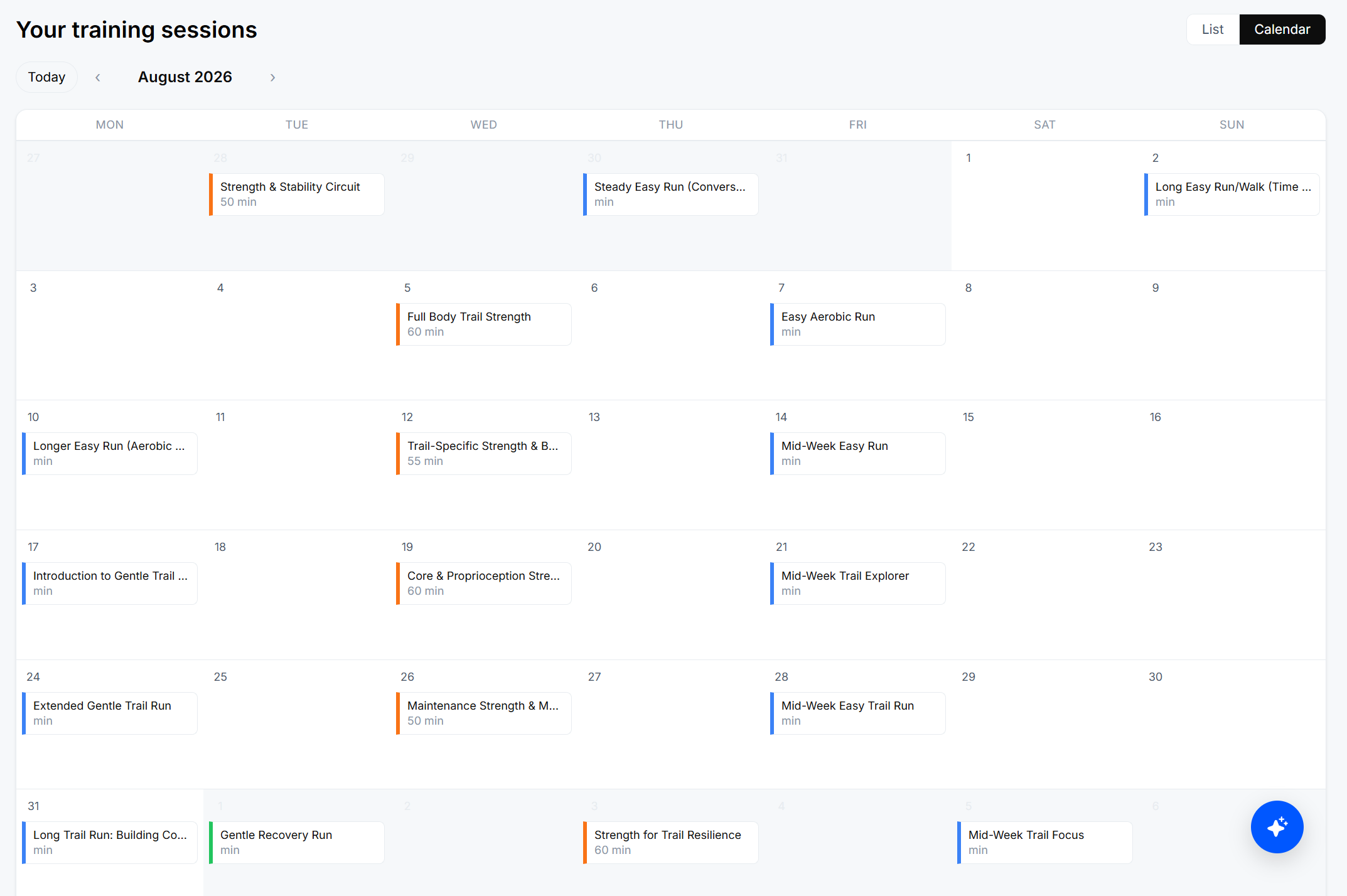 SportBlox dashboard calendar showing a week of training sessions building toward an event